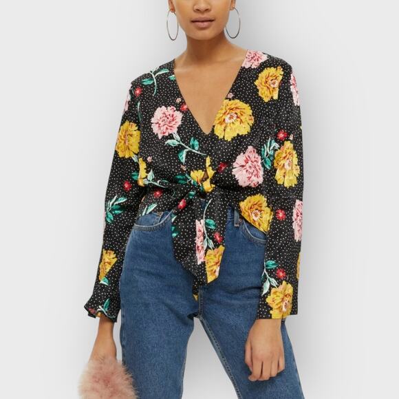 Topshop Small Cropped Long Sleeve Black Polka Dot Tie Front Blouse Vintage Chic - Picture 5 of 7